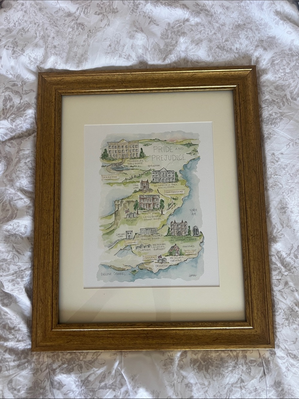 Pride and Prejudice Illustrated Map in Gold Frame